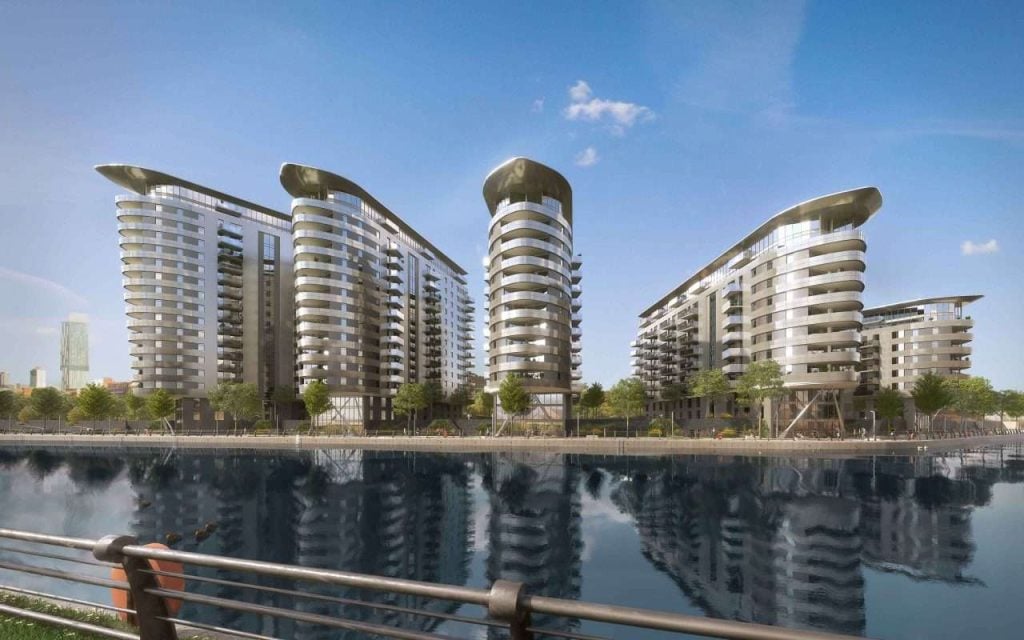 Contemporary residential towers by the water in Salford Quays, showing luxury apartments popular in the Manchester rental market.